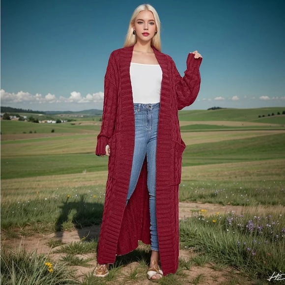 Sweaters - Long Cable-Knit Cardigan / Duster – Red